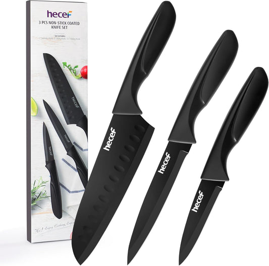 Black Kitchen Knife Set of 3, Dishwasher Safe | Sharp Knives with Stainless Steel Blade, Lightweight Handle, Non-stick Coating, Includes 7", 5", 3.5" Knives