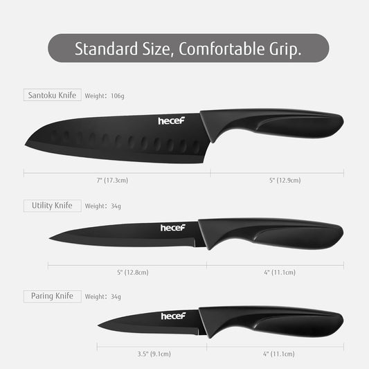 Black Kitchen Knife Set of 3, Dishwasher Safe | Sharp Knives with Stainless Steel Blade, Lightweight Handle, Non-stick Coating, Includes 7", 5", 3.5" Knives