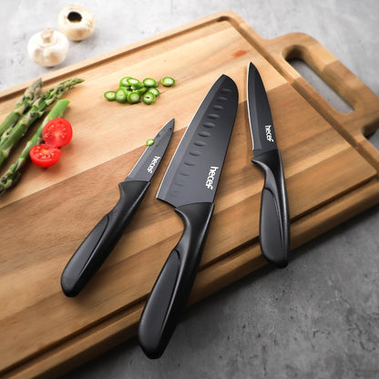 Black Kitchen Knife Set of 3, Dishwasher Safe | Sharp Knives with Stainless Steel Blade, Lightweight Handle, Non-stick Coating, Includes 7", 5", 3.5" Knives