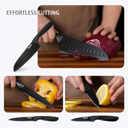 Black Kitchen Knife Set of 3, Dishwasher Safe | Sharp Knives with Stainless Steel Blade, Lightweight Handle, Non-stick Coating, Includes 7", 5", 3.5" Knives