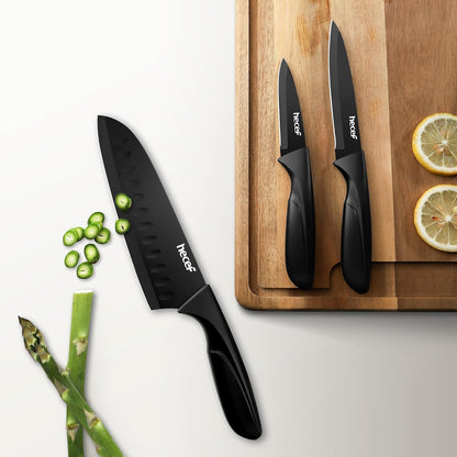 Black Kitchen Knife Set of 3, Dishwasher Safe | Sharp Knives with Stainless Steel Blade, Lightweight Handle, Non-stick Coating, Includes 7", 5", 3.5" Knives