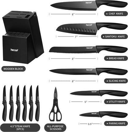 Black Kitchen Knife Set of 3, Dishwasher Safe | Sharp Knives with Stainless Steel Blade, Lightweight Handle, Non-stick Coating, Includes 7", 5", 3.5" Knives