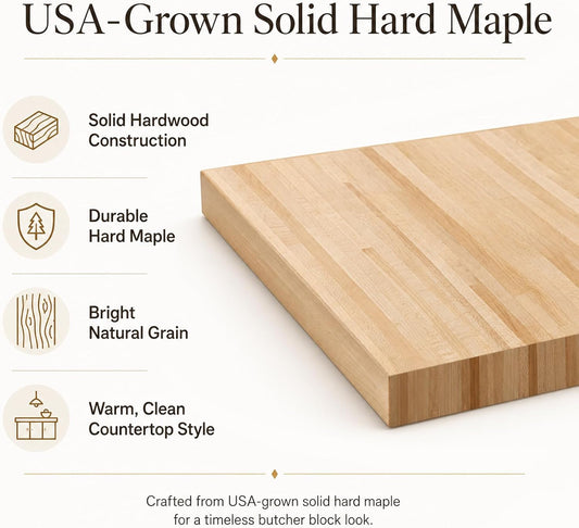 Butcher Block Countertop, 60 x 25 Inches, USA Grown Solid Hard Maple Hardwood, for Kitchen Island, Laundry Room, RV, Camper, Office Desk, Bar Table, Prefinished with Food-Safe Oil, 1.5" Thick