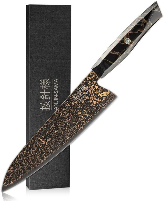 8" Gyuto – Handmade Japanese CuMai Copper Damascus Chef Knife – Ultra Sharp Kitchen Chopping Knife.