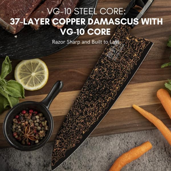 8" Gyuto – Handmade Japanese CuMai Copper Damascus Chef Knife – Ultra Sharp Kitchen Chopping Knife.