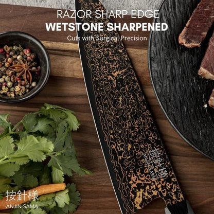 8" Gyuto – Handmade Japanese CuMai Copper Damascus Chef Knife – Ultra Sharp Kitchen Chopping Knife.