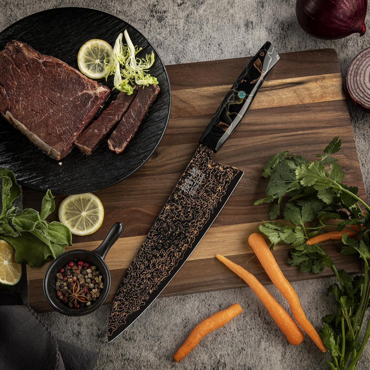 8" Gyuto – Handmade Japanese CuMai Copper Damascus Chef Knife – Ultra Sharp Kitchen Chopping Knife.