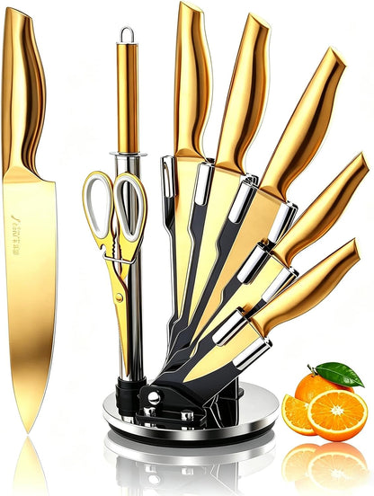 8-Piece Gold Kitchen Knife Set With Black Block Luxury Gifts | Gold Titanium-Coated Stainless Steel Chef Knife Set with Sharpener,Sharp,Ergonomic Handle,for Modern Kitchen