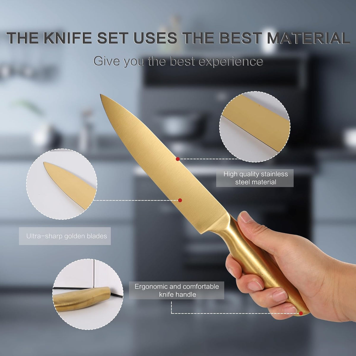 8-Piece Gold Kitchen Knife Set With Black Block Luxury Gifts | Gold Titanium-Coated Stainless Steel Chef Knife Set with Sharpener,Sharp,Ergonomic Handle,for Modern Kitchen