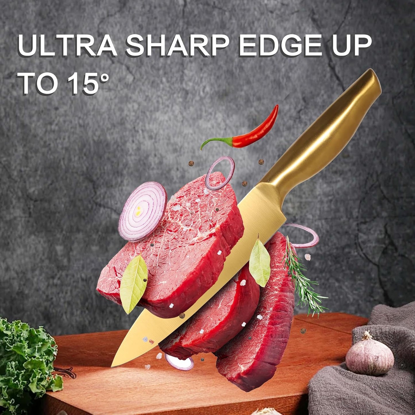 8-Piece Gold Kitchen Knife Set With Black Block Luxury Gifts | Gold Titanium-Coated Stainless Steel Chef Knife Set with Sharpener,Sharp,Ergonomic Handle,for Modern Kitchen