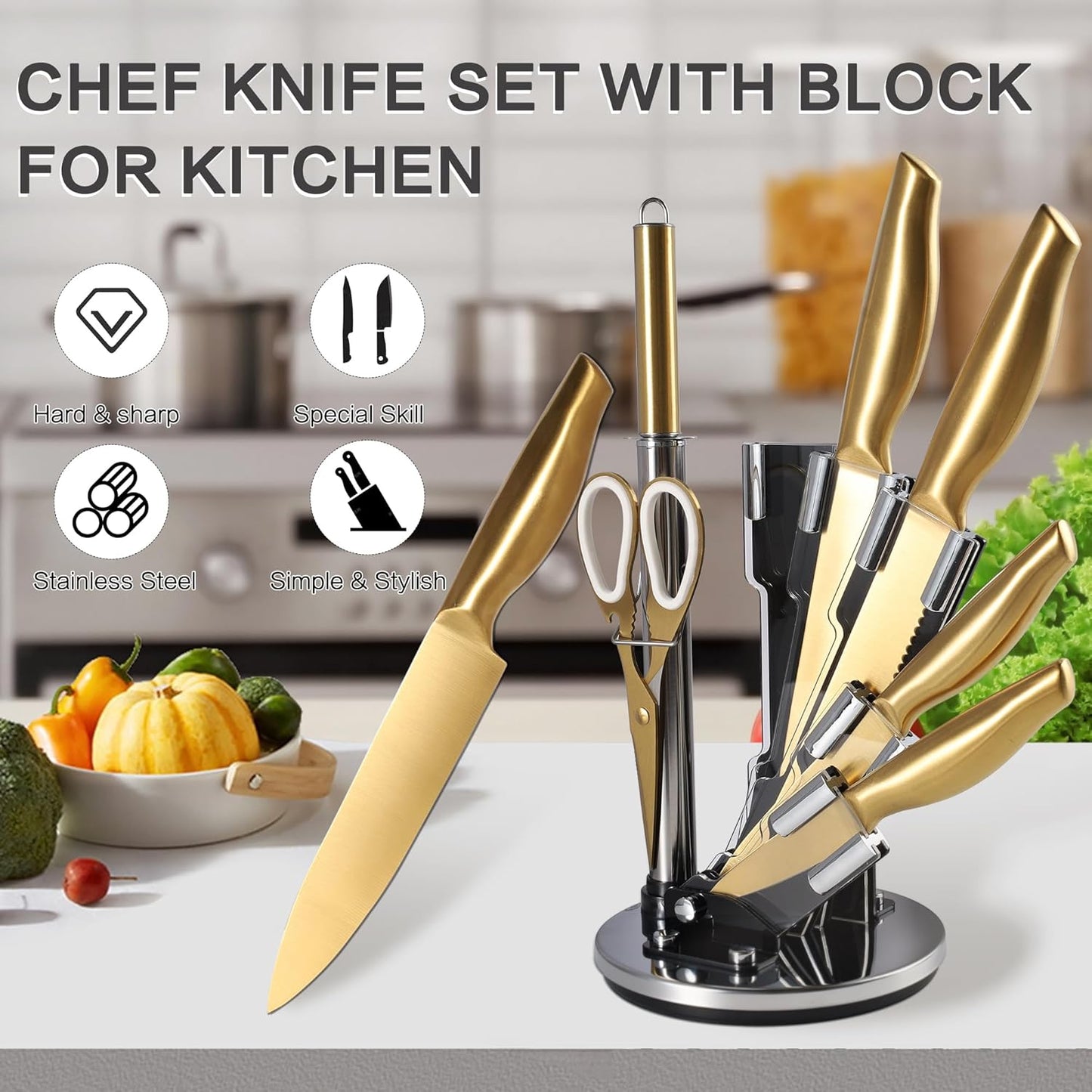 8-Piece Gold Kitchen Knife Set With Black Block Luxury Gifts | Gold Titanium-Coated Stainless Steel Chef Knife Set with Sharpener,Sharp,Ergonomic Handle,for Modern Kitchen