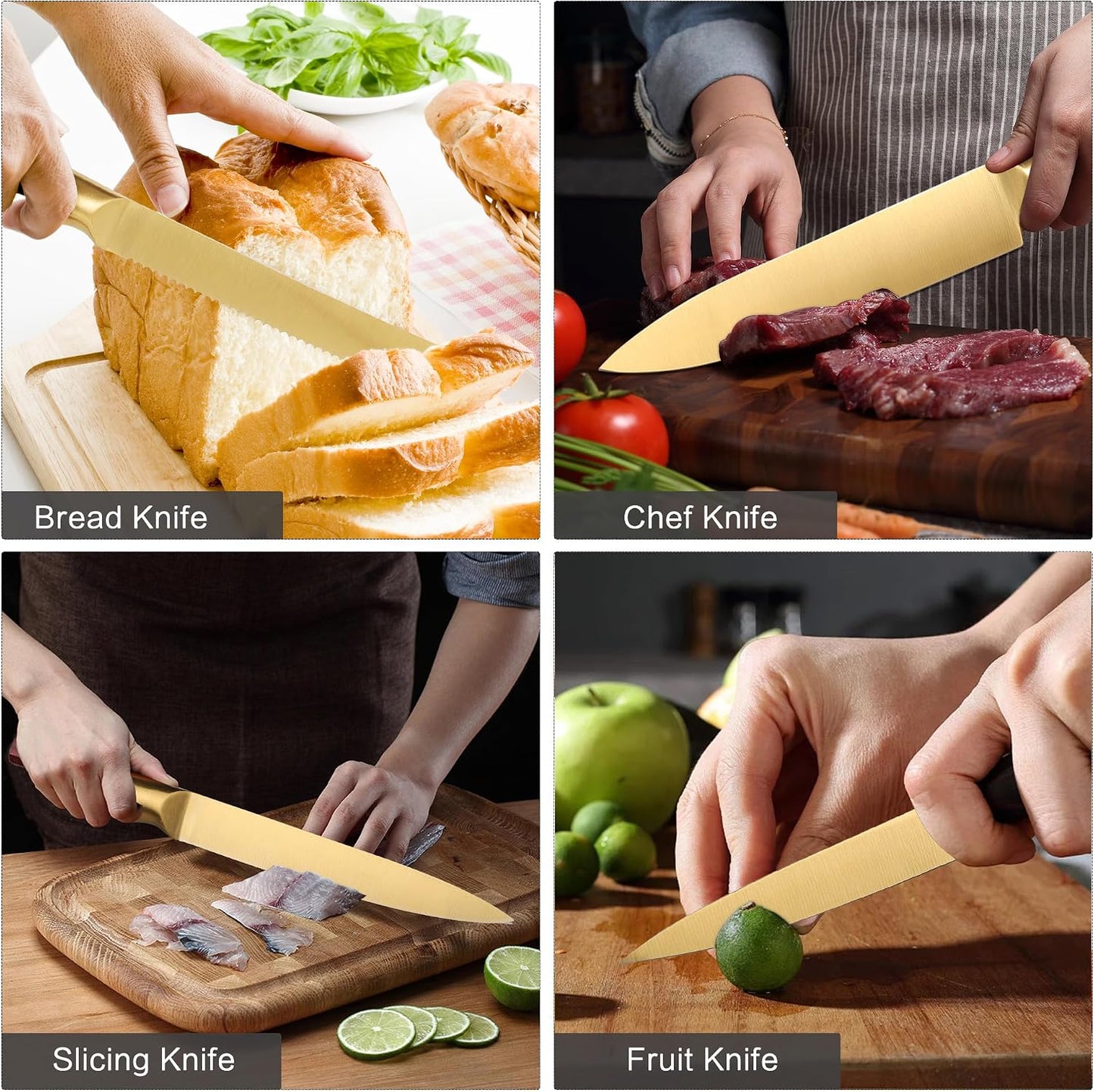 8-Piece Gold Kitchen Knife Set With Black Block Luxury Gifts | Gold Titanium-Coated Stainless Steel Chef Knife Set with Sharpener,Sharp,Ergonomic Handle,for Modern Kitchen