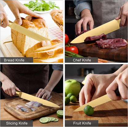 8-Piece Gold Kitchen Knife Set With Black Block Luxury Gifts | Gold Titanium-Coated Stainless Steel Chef Knife Set with Sharpener,Sharp,Ergonomic Handle,for Modern Kitchen