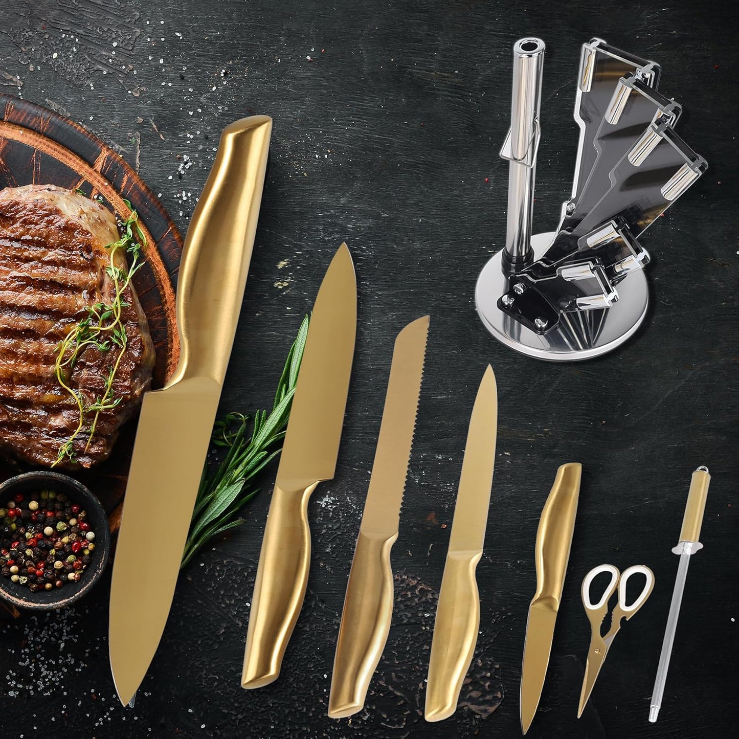 8-Piece Gold Kitchen Knife Set With Black Block Luxury Gifts | Gold Titanium-Coated Stainless Steel Chef Knife Set with Sharpener,Sharp,Ergonomic Handle,for Modern Kitchen