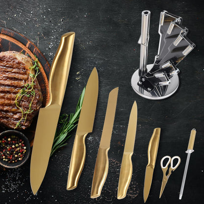 8-Piece Gold Kitchen Knife Set With Black Block Luxury Gifts | Gold Titanium-Coated Stainless Steel Chef Knife Set with Sharpener,Sharp,Ergonomic Handle,for Modern Kitchen