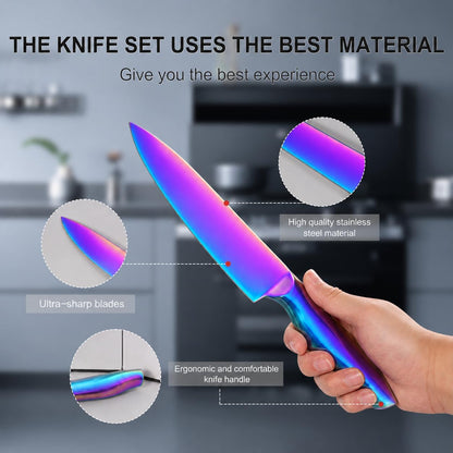 8-Piece Gold Kitchen Knife Set With Black Block Luxury Gifts | Gold Titanium-Coated Stainless Steel Chef Knife Set with Sharpener,Sharp,Ergonomic Handle,for Modern Kitchen