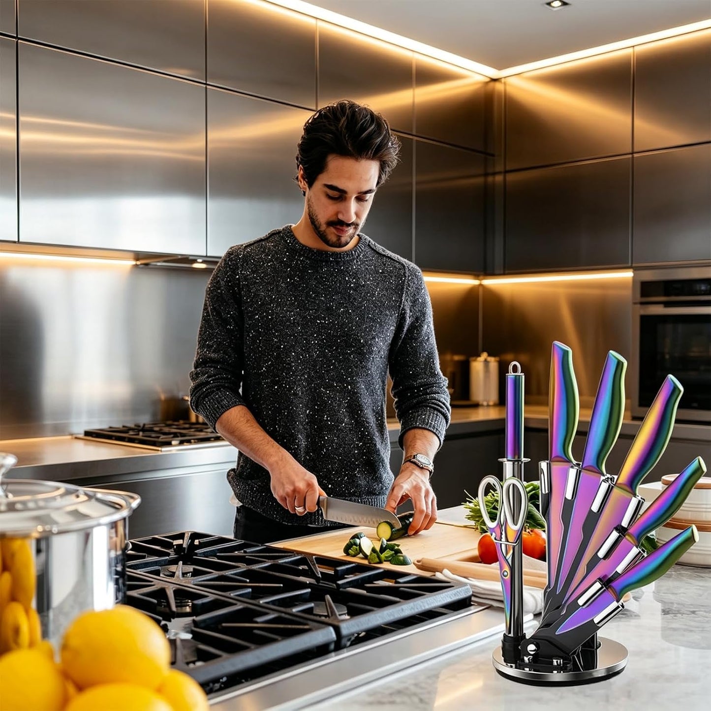 8-Piece Gold Kitchen Knife Set With Black Block Luxury Gifts | Gold Titanium-Coated Stainless Steel Chef Knife Set with Sharpener,Sharp,Ergonomic Handle,for Modern Kitchen