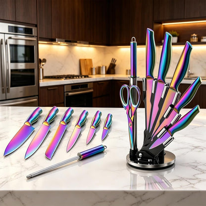 8-Piece Gold Kitchen Knife Set With Black Block Luxury Gifts | Gold Titanium-Coated Stainless Steel Chef Knife Set with Sharpener,Sharp,Ergonomic Handle,for Modern Kitchen