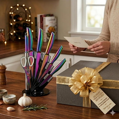 8-Piece Gold Kitchen Knife Set With Black Block Luxury Gifts | Gold Titanium-Coated Stainless Steel Chef Knife Set with Sharpener,Sharp,Ergonomic Handle,for Modern Kitchen