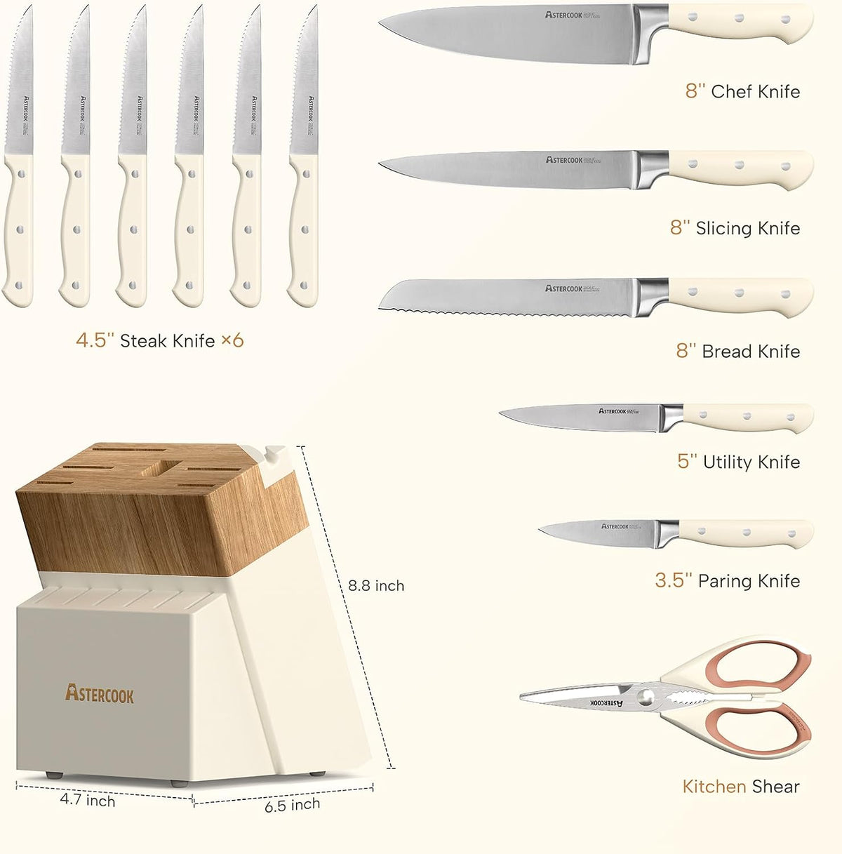 Knife Set, Kitchen Knife Set with Block 14-Piece Full Tang Stainless Steel Knives with Sharpener Dishwasher Safe and Anti-Slip Ergonomic Handle Utensils Set