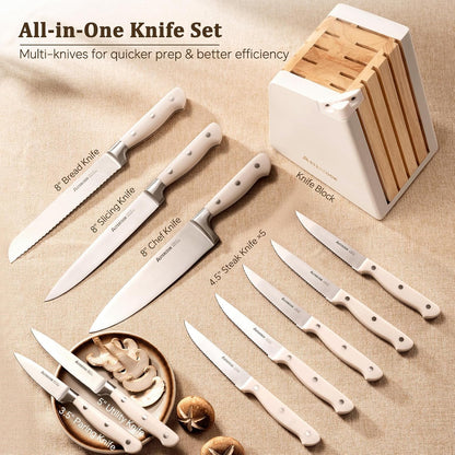 Knife Set, Kitchen Knife Set with Block 14-Piece Full Tang Stainless Steel Knives with Sharpener Dishwasher Safe and Anti-Slip Ergonomic Handle Utensils Set