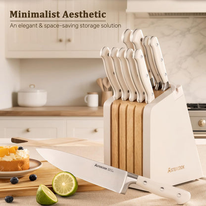 Knife Set, Kitchen Knife Set with Block 14-Piece Full Tang Stainless Steel Knives with Sharpener Dishwasher Safe and Anti-Slip Ergonomic Handle Utensils Set