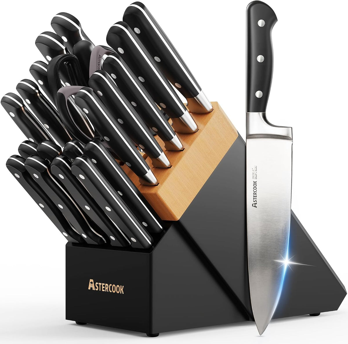 Knife Set, Kitchen Knife Set with Block 14-Piece Full Tang Stainless Steel Knives with Sharpener Dishwasher Safe and Anti-Slip Ergonomic Handle Utensils Set