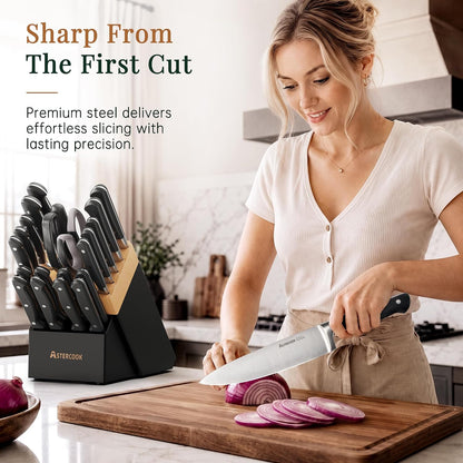 Knife Set, Kitchen Knife Set with Block 14-Piece Full Tang Stainless Steel Knives with Sharpener Dishwasher Safe and Anti-Slip Ergonomic Handle Utensils Set