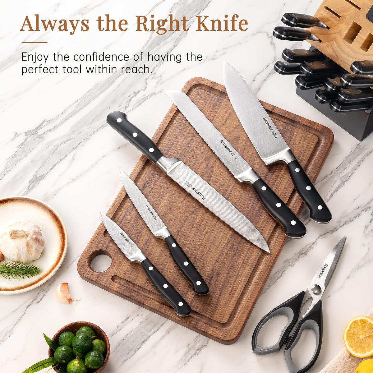 Knife Set, Kitchen Knife Set with Block 14-Piece Full Tang Stainless Steel Knives with Sharpener Dishwasher Safe and Anti-Slip Ergonomic Handle Utensils Set