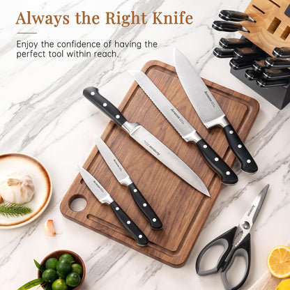 Knife Set, Kitchen Knife Set with Block 14-Piece Full Tang Stainless Steel Knives with Sharpener Dishwasher Safe and Anti-Slip Ergonomic Handle Utensils Set
