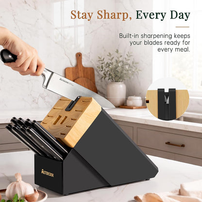 Knife Set, Kitchen Knife Set with Block 14-Piece Full Tang Stainless Steel Knives with Sharpener Dishwasher Safe and Anti-Slip Ergonomic Handle Utensils Set