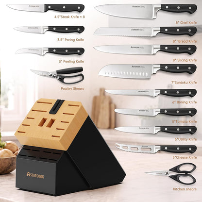 Knife Set, Kitchen Knife Set with Block 14-Piece Full Tang Stainless Steel Knives with Sharpener Dishwasher Safe and Anti-Slip Ergonomic Handle Utensils Set