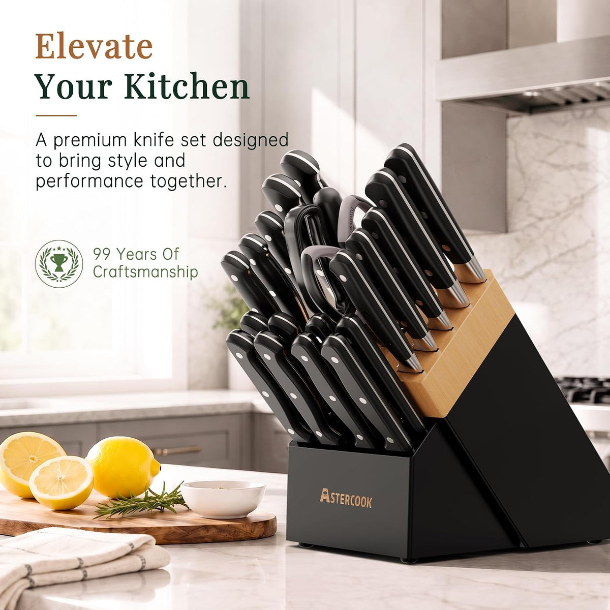 Knife Set, Kitchen Knife Set with Block 14-Piece Full Tang Stainless Steel Knives with Sharpener Dishwasher Safe and Anti-Slip Ergonomic Handle Utensils Set