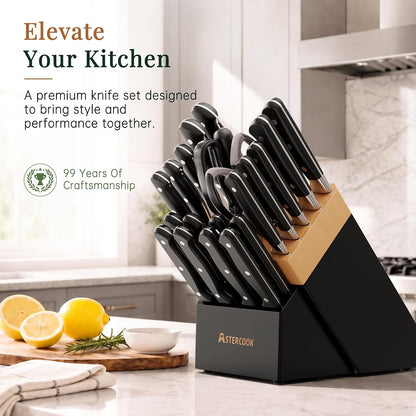 Knife Set, Kitchen Knife Set with Block 14-Piece Full Tang Stainless Steel Knives with Sharpener Dishwasher Safe and Anti-Slip Ergonomic Handle Utensils Set