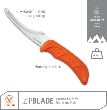 Zip Blade - 4.0" Fixed Blade Hunting Knife for Skinning and Gutting Big Game - Includes Black Nylon Belt Sheath - Deer Gutting Knives