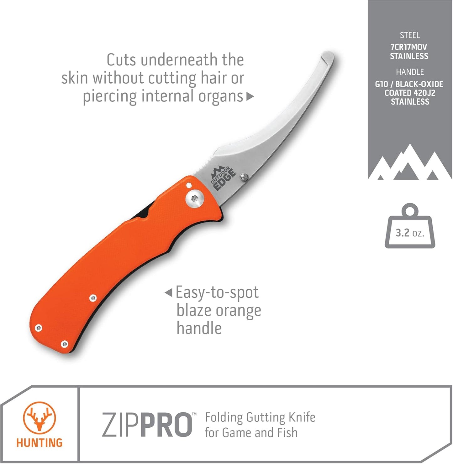 Zip Blade - 4.0" Fixed Blade Hunting Knife for Skinning and Gutting Big Game - Includes Black Nylon Belt Sheath - Deer Gutting Knives