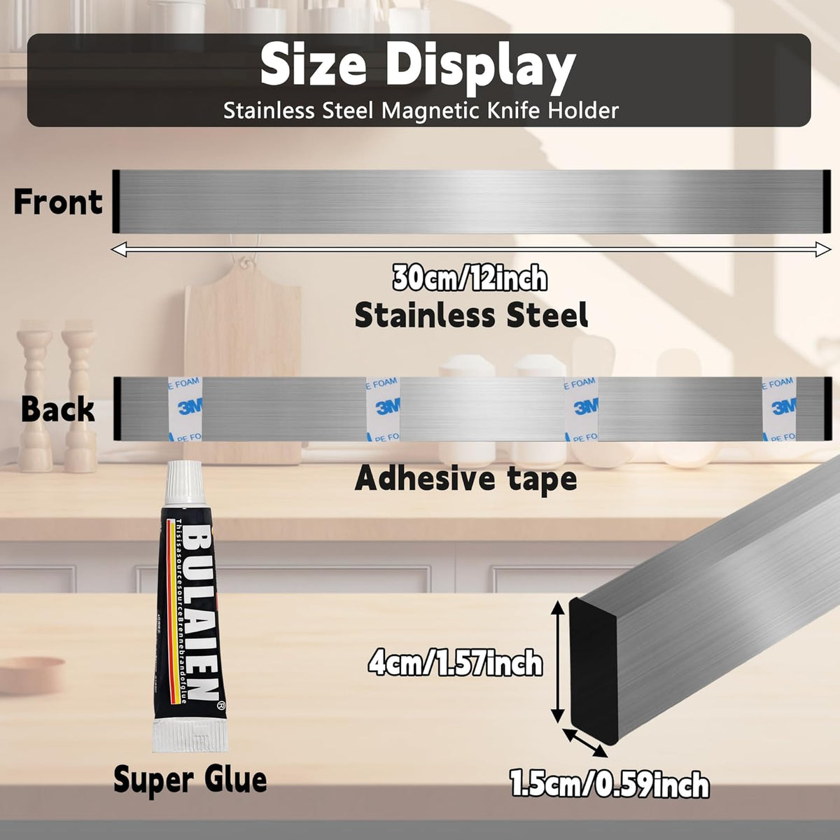 Magnetic Knife Strips, Magnetic Knife Holder for Wall 12 Inch | Knife Magnetic Strip, Refrigerator Mount Compatible, Kitchen Utensil Holder, Metal Tool Holder, Kitchen Organizer