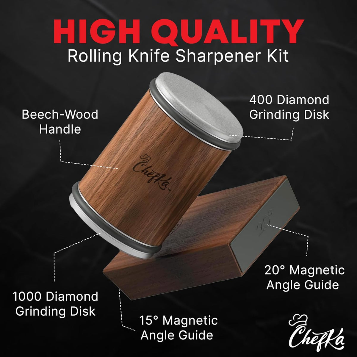 Rolling Knife Sharpener Kit w/Magnetic Angle Guide (15° & 20°) – Diamond Knife Sharpening System and Stainless Helix Honing Disk, Wooden Roller Tool for Kitchen, Chef, Pocket & Outdoor Knives