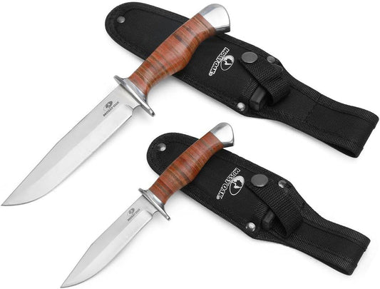 2-piece Bowie Knife | Fixed Blade Hunting Knife with Leather Handle, Sheath Included