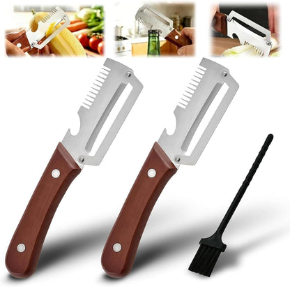 2 Pack MultiFunctional Vegetable Peeler with Cleaning Brush,3 in 1 Stainless Steel Blade with Wooden Handle and Bottle Opener,Peeler Knife for Fruit Pumpkin Peeling Potato Carrot Veggie Peeler
