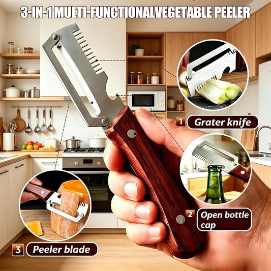 2 Pack MultiFunctional Vegetable Peeler with Cleaning Brush,3 in 1 Stainless Steel Blade with Wooden Handle and Bottle Opener,Peeler Knife for Fruit Pumpkin Peeling Potato Carrot Veggie Peeler