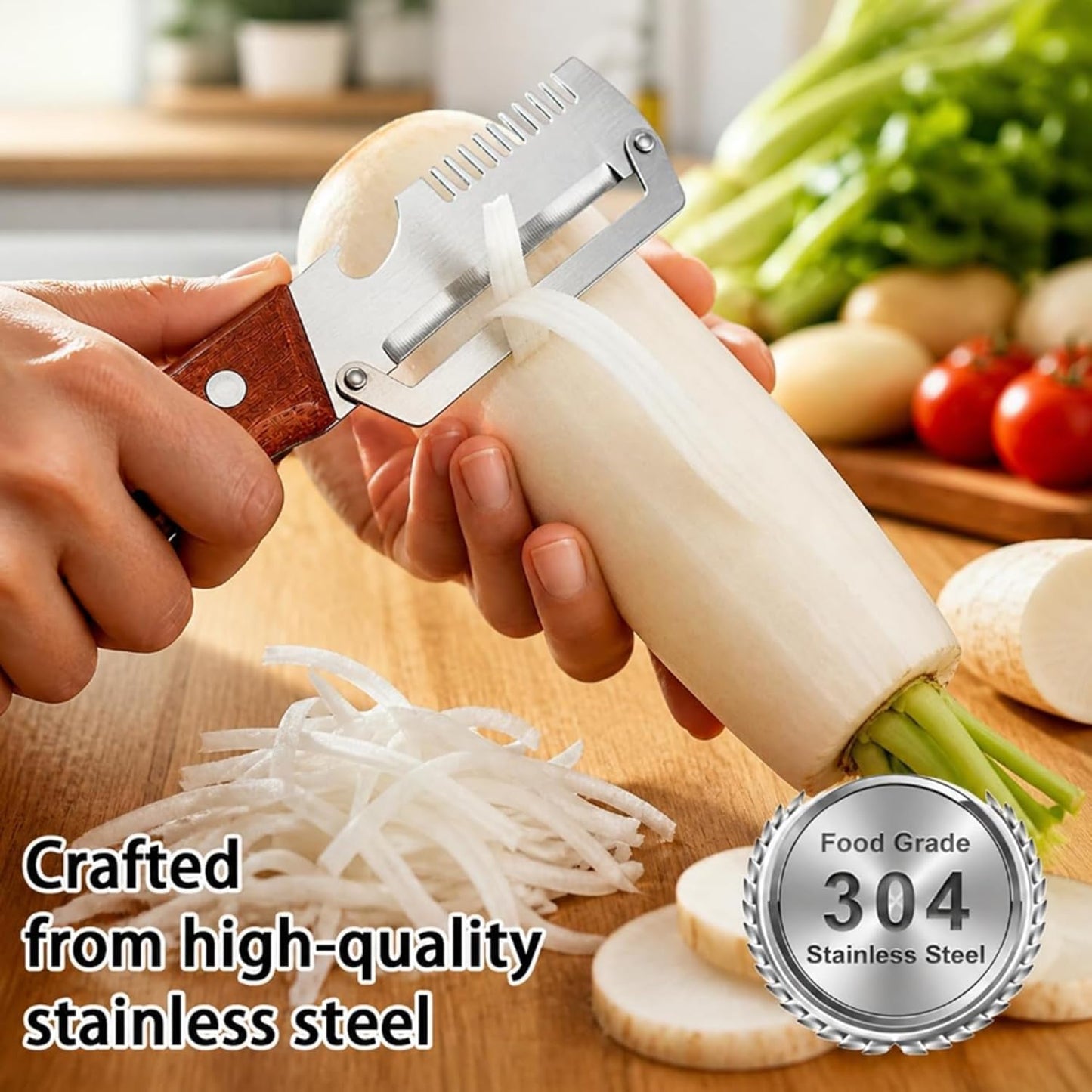 2 Pack MultiFunctional Vegetable Peeler with Cleaning Brush,3 in 1 Stainless Steel Blade with Wooden Handle and Bottle Opener,Peeler Knife for Fruit Pumpkin Peeling Potato Carrot Veggie Peeler