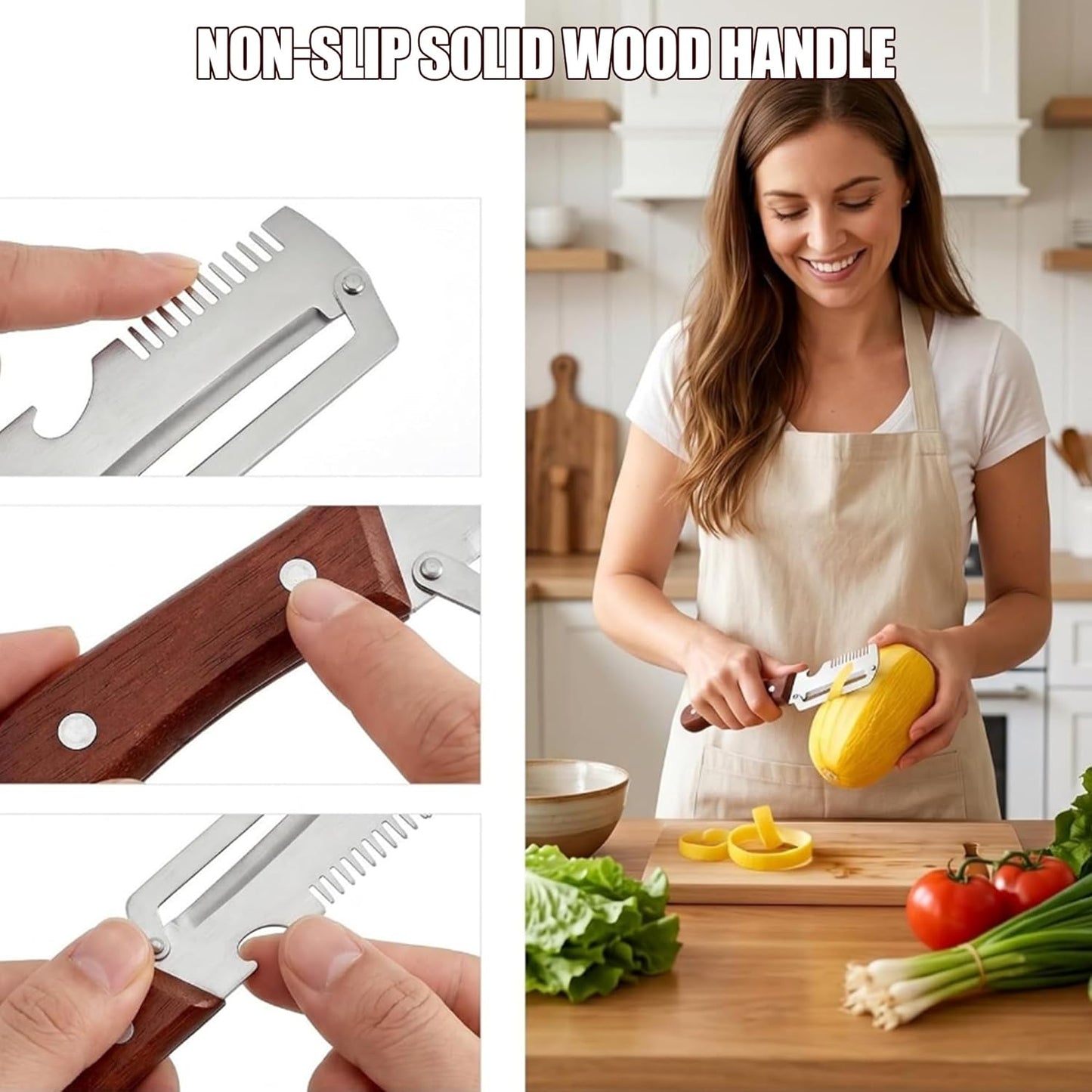 2 Pack MultiFunctional Vegetable Peeler with Cleaning Brush,3 in 1 Stainless Steel Blade with Wooden Handle and Bottle Opener,Peeler Knife for Fruit Pumpkin Peeling Potato Carrot Veggie Peeler