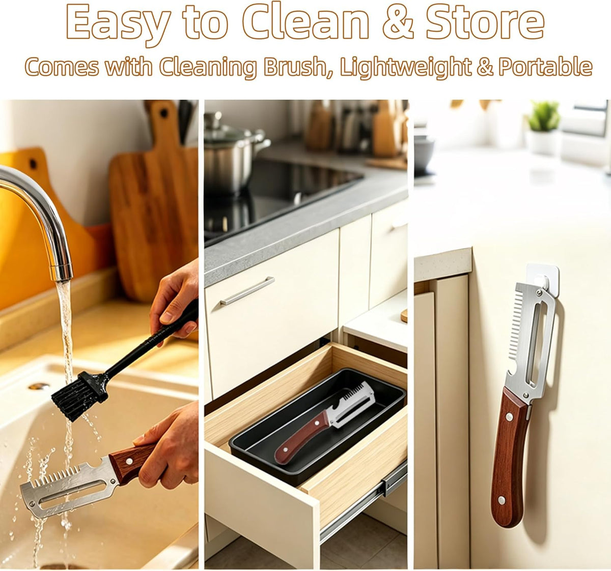 2 Pack MultiFunctional Vegetable Peeler with Cleaning Brush,3 in 1 Stainless Steel Blade with Wooden Handle and Bottle Opener,Peeler Knife for Fruit Pumpkin Peeling Potato Carrot Veggie Peeler
