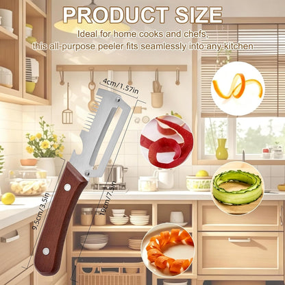 2 Pack MultiFunctional Vegetable Peeler with Cleaning Brush,3 in 1 Stainless Steel Blade with Wooden Handle and Bottle Opener,Peeler Knife for Fruit Pumpkin Peeling Potato Carrot Veggie Peeler