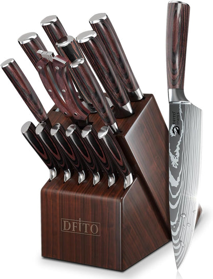 Kitchen Knife Set, 15 Pieces Knife Set with Block and Sharpener | High Carbon Stainless Steel Chef Knives Sets with Ergonomic Pakkawood Handle and Steak Knives for Kitchen & Home Cooking