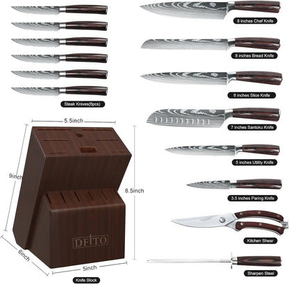 Kitchen Knife Set, 15 Pieces Knife Set with Block and Sharpener | High Carbon Stainless Steel Chef Knives Sets with Ergonomic Pakkawood Handle and Steak Knives for Kitchen & Home Cooking