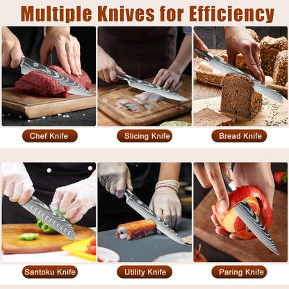 Kitchen Knife Set, 15 Pieces Knife Set with Block and Sharpener | High Carbon Stainless Steel Chef Knives Sets with Ergonomic Pakkawood Handle and Steak Knives for Kitchen & Home Cooking