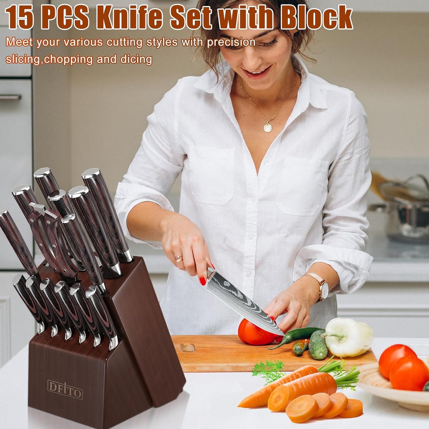 Kitchen Knife Set, 15 Pieces Knife Set with Block and Sharpener | High Carbon Stainless Steel Chef Knives Sets with Ergonomic Pakkawood Handle and Steak Knives for Kitchen & Home Cooking