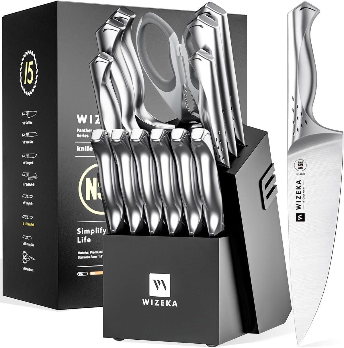 Knife Set with Block 15Pcs, High Carbon Stainless Steel, Razor-Sharp